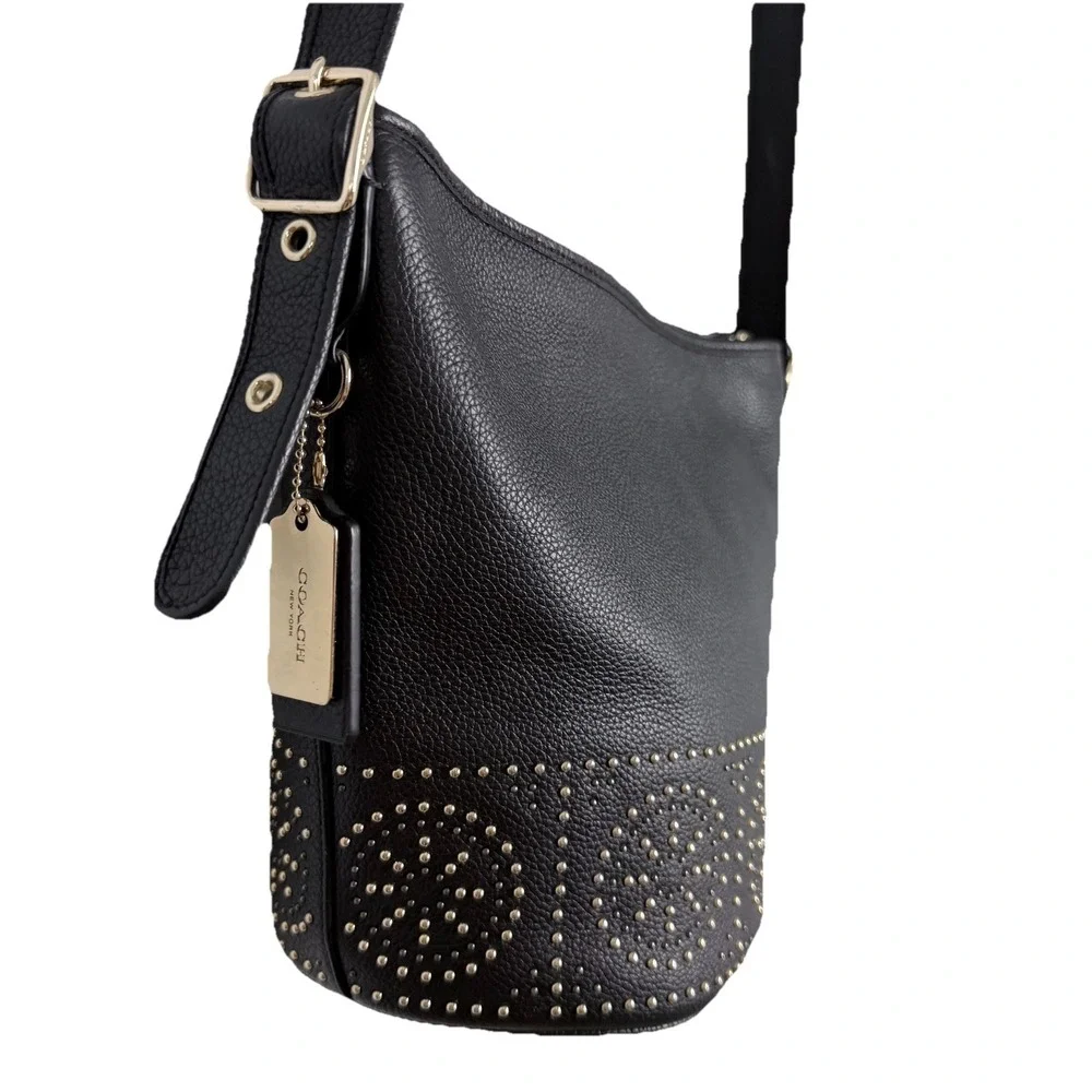 Coach Bleecker Mini Duffle Black Pebbled Leather‎ Studded Crossbody Bag Boho - Picture 4 of 11
